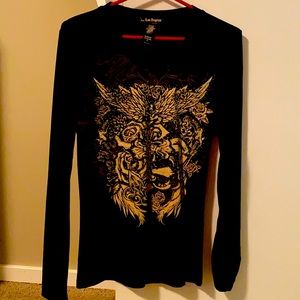 Long sleeve bling featuring a cross with roses around